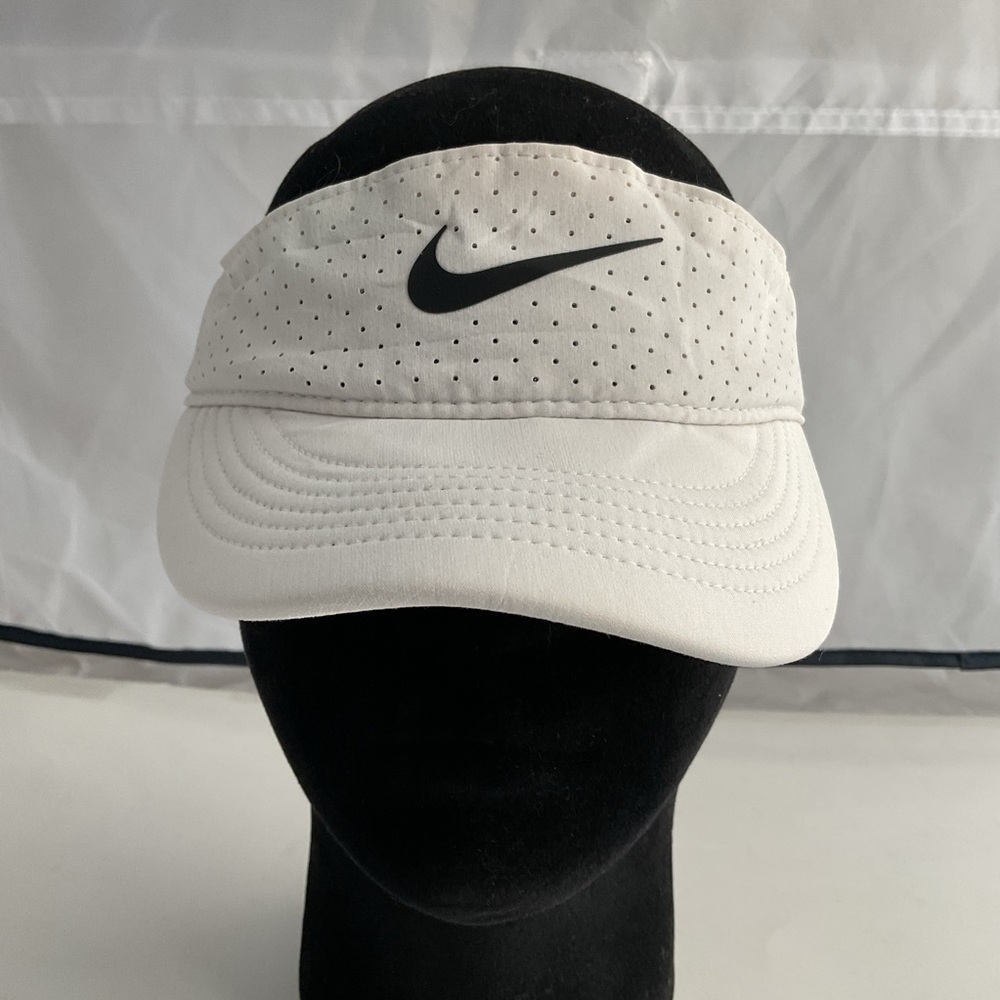 Nike Dri-Fit Swoosh Logo White Breathable Strapback Adjustable Visor Hat Cap - Picture 2 of 9